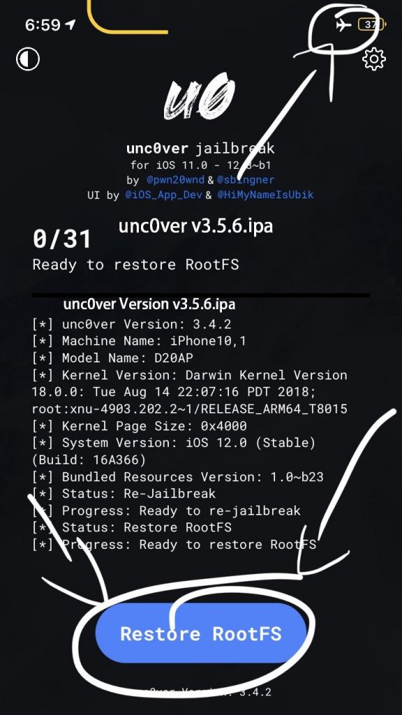 unc0ver v3.5.6.ipa Release Adds support for restoring the RootFS on A12-A12X devices running iOS 12.1.3-12.4